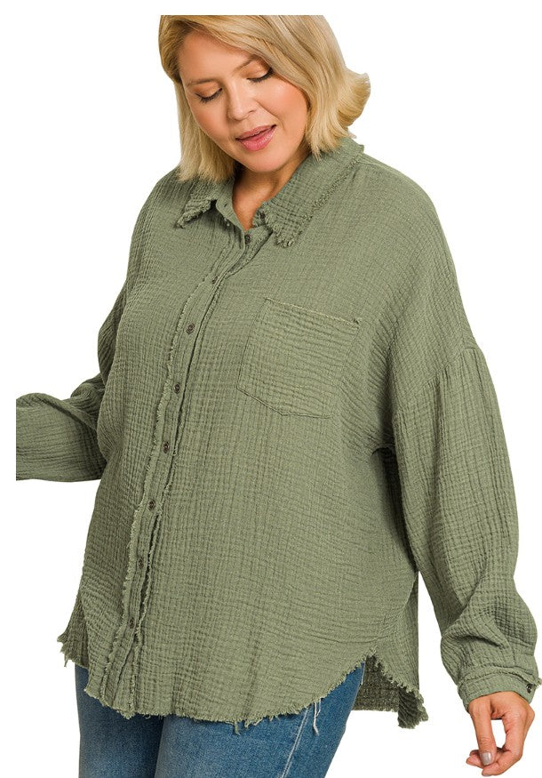 Light Olive Double Gauze Oversized Raw Edge Top 1X 2X