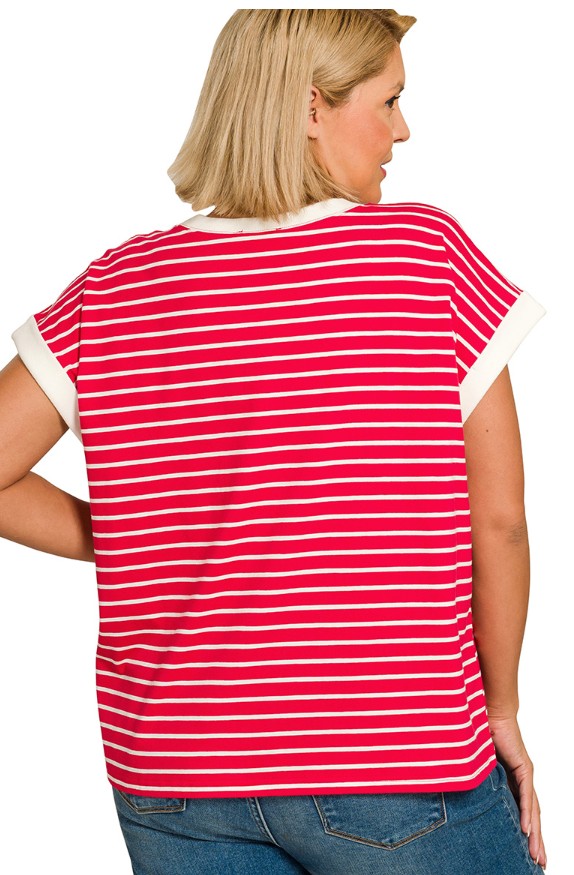 Woman wearing a red and white striped shirt on a white background
