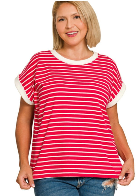 Woman wearing a red and white striped shirt with a white collar on a white background