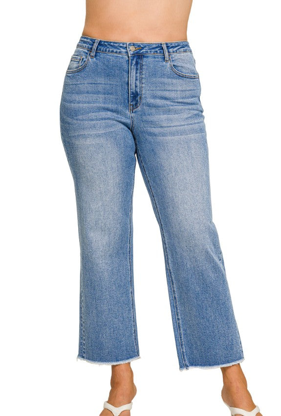 ZENANA Straight Leg Raw Hem Cropped Medium Wash Denim Jeans 34-1X & 36-2X