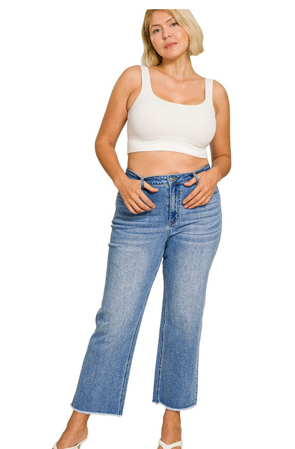 ZENANA Straight Leg Raw Hem Cropped Medium Wash Denim Jeans 34-1X & 36-2X