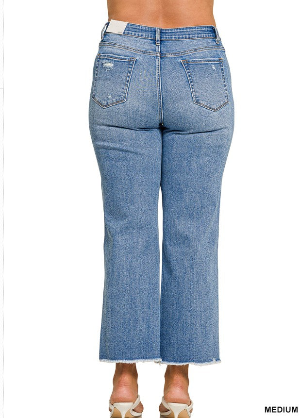 ZENANA Straight Leg Raw Hem Cropped Medium Wash Denim Jeans 34-1X & 36-2X