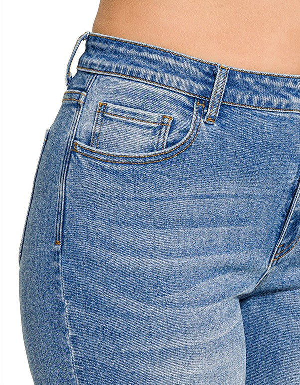 ZENANA Straight Leg Raw Hem Cropped Medium Wash Denim Jeans 34-1X & 36-2X